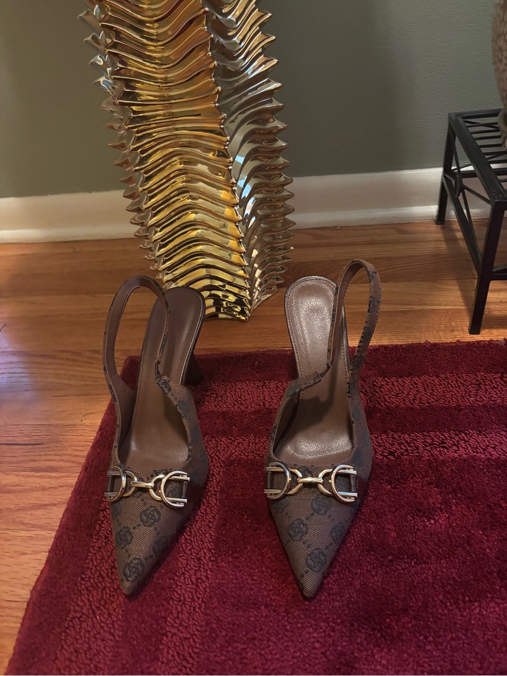 Women’s Brown Patterned Slingback Heels with Gold Buckle
